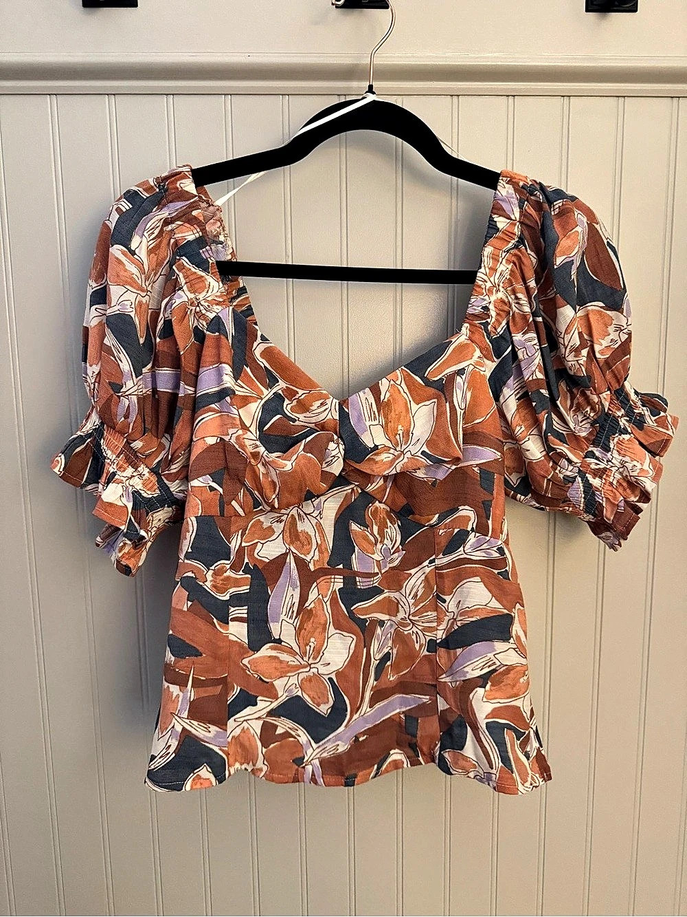 Nine West Twist Front Puff Sleeve Rayon Top Floral Blouse Brown & Blue Medium